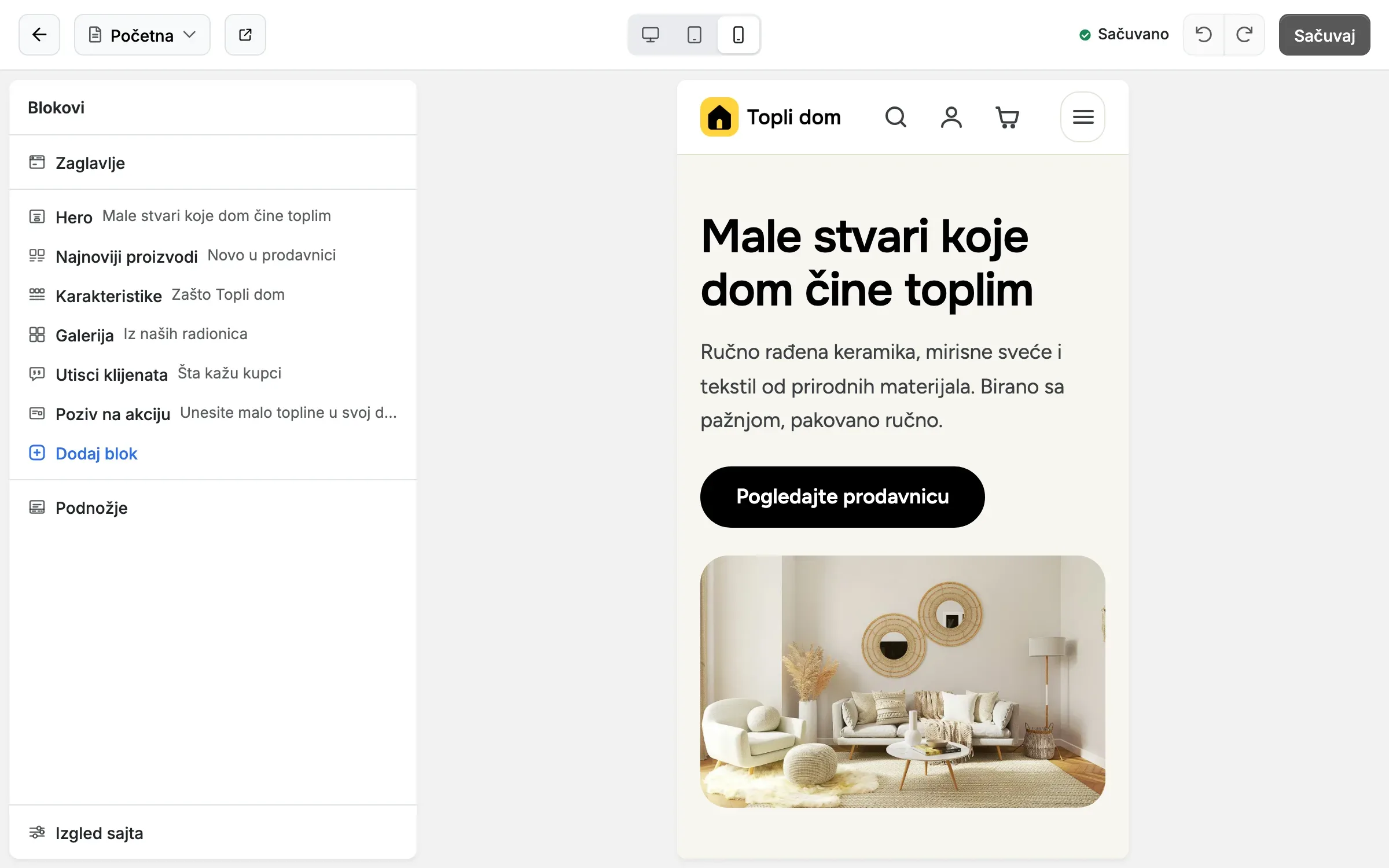 Editor stranica: pregled stranice na telefonu