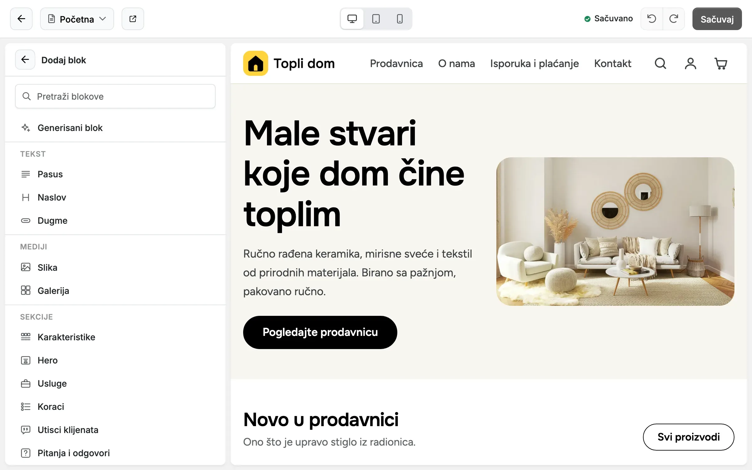 Editor stranica: izbor bloka koji se dodaje, po grupama