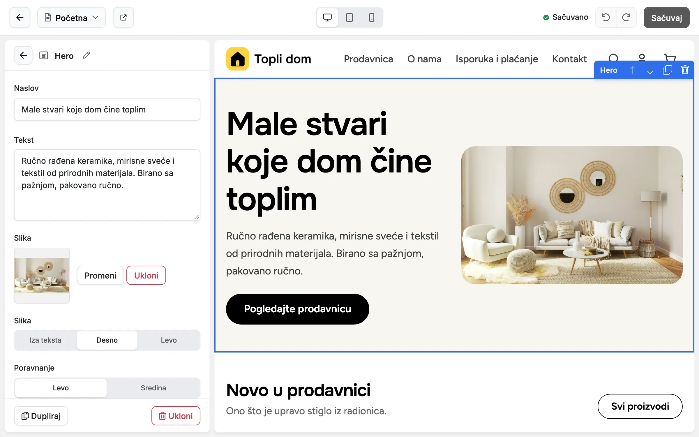 Editor stranica: blok Hero u izmeni, sa naslovom, tekstom i slikom