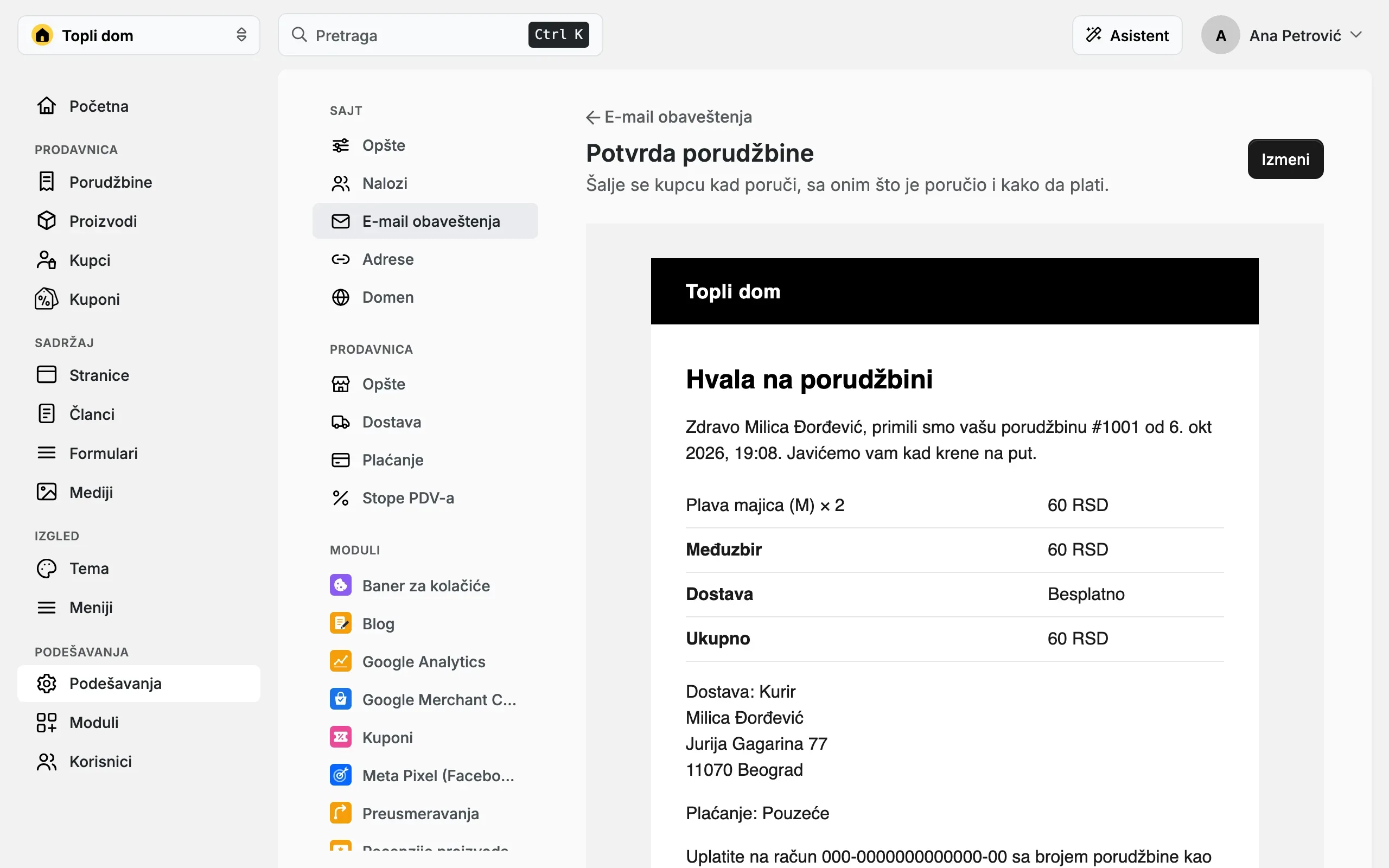 Pregled e-poruke „Potvrda porudžbine“ sa primerom podataka