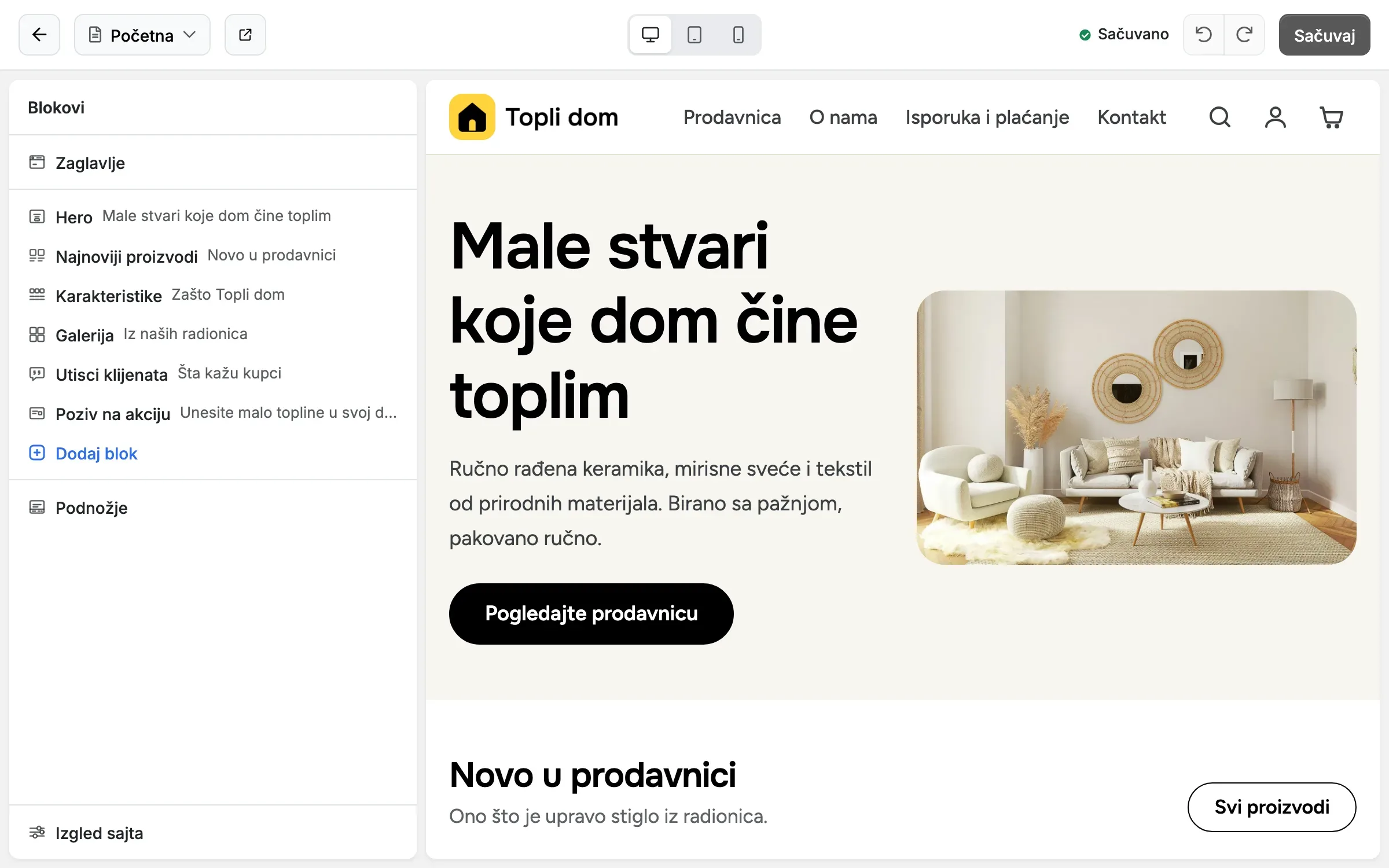 Editor stranica: lista blokova levo, stranica desno