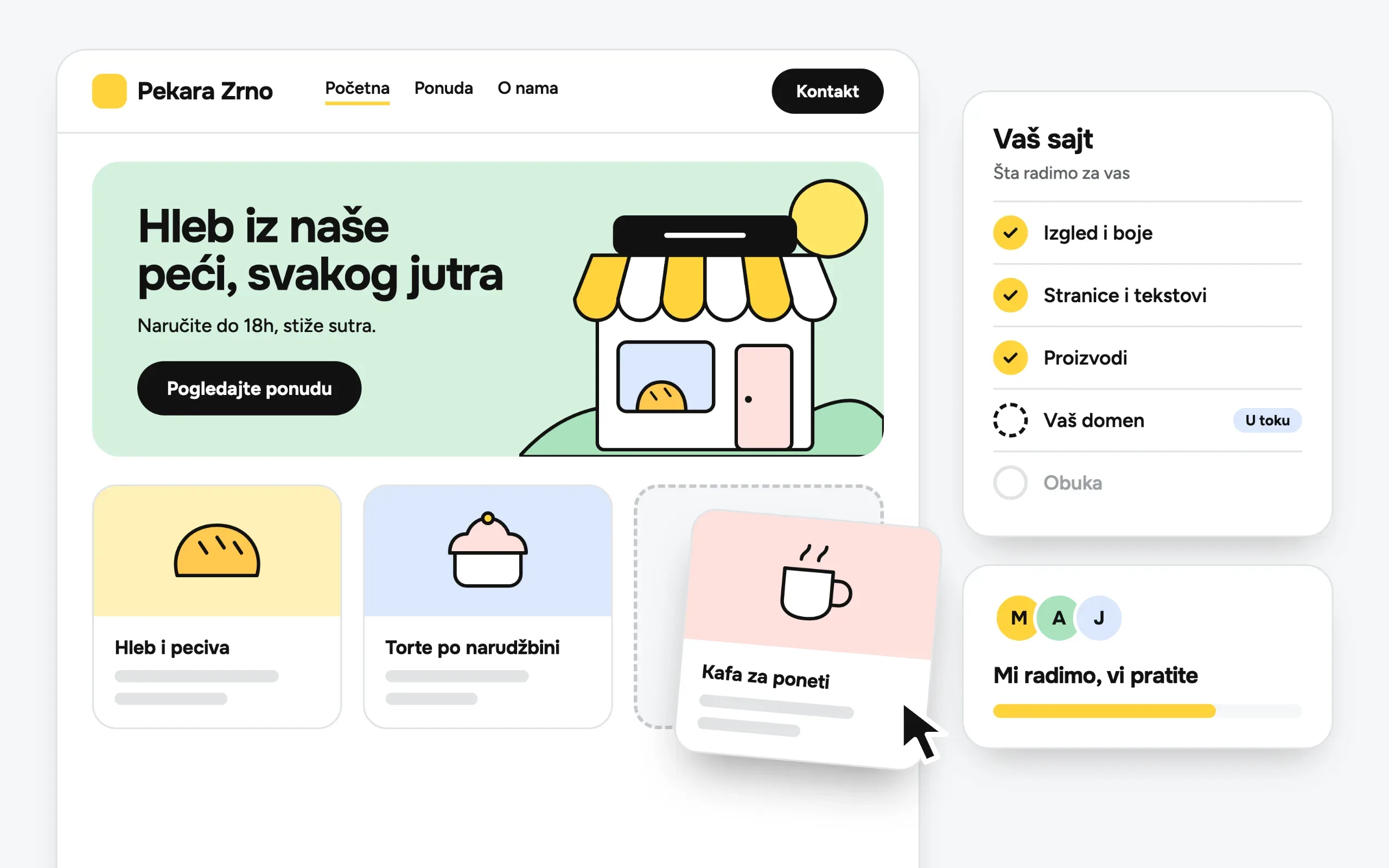 Ilustracija: sajt jedne pekare koji se slaže blok po blok, uz listu onoga što radimo za klijenta