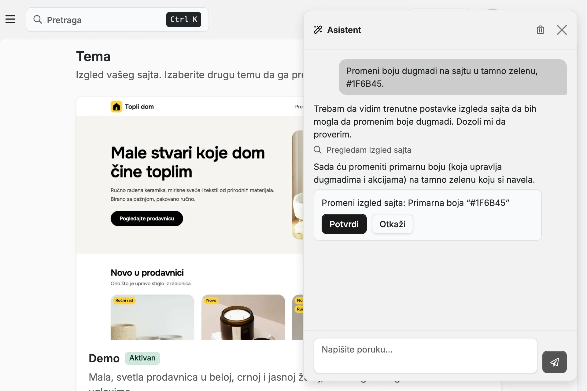 Asistent menja primarnu boju sajta i čeka potvrdu