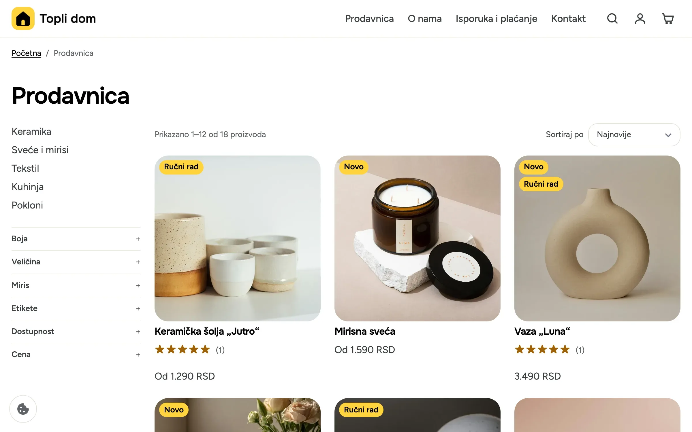 Katalog na sajtu: kategorije i filteri levo, proizvodi desno.