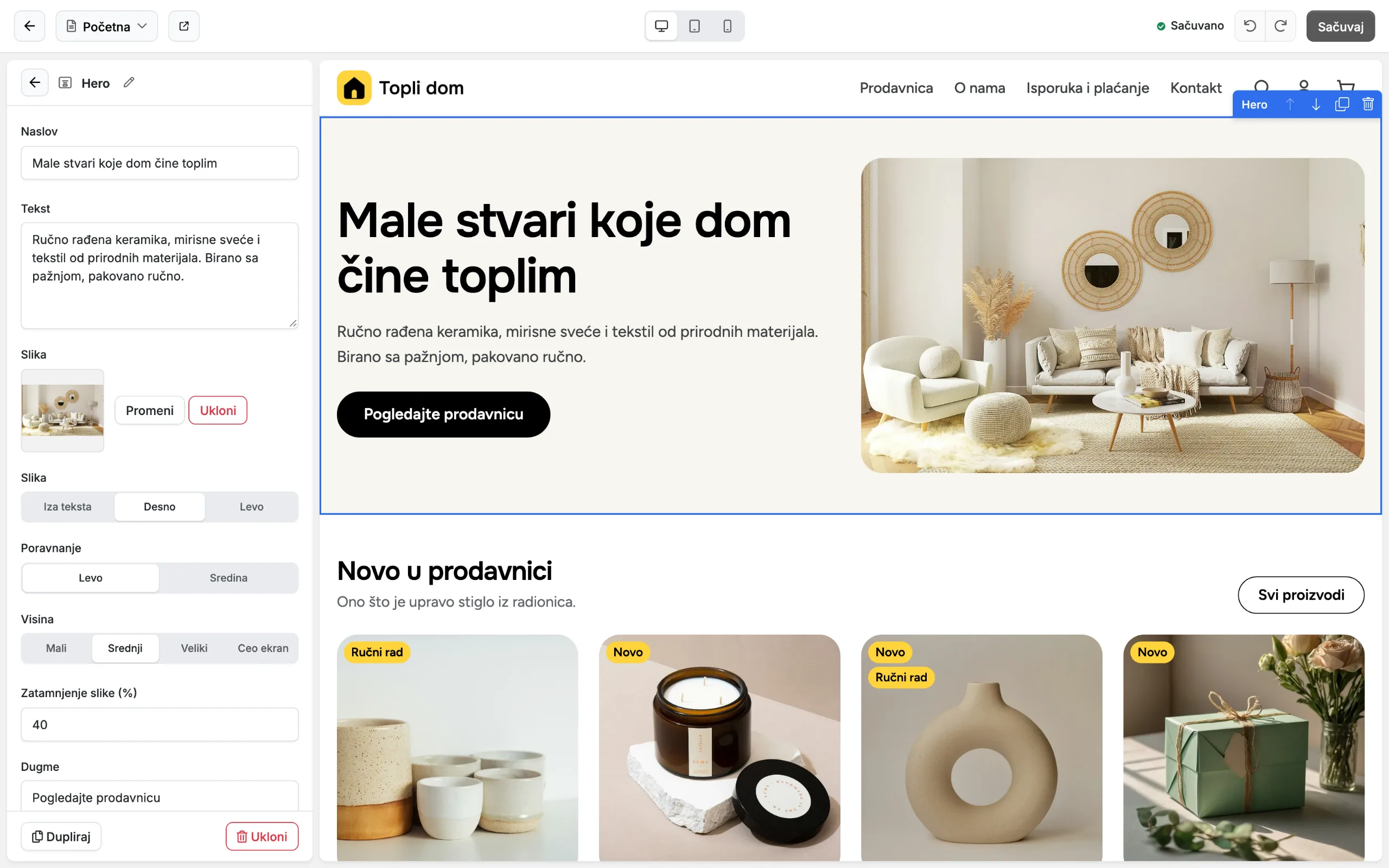 Vizuelni editor Kupiše: blok se uređuje levo, a stranica se menja desno
