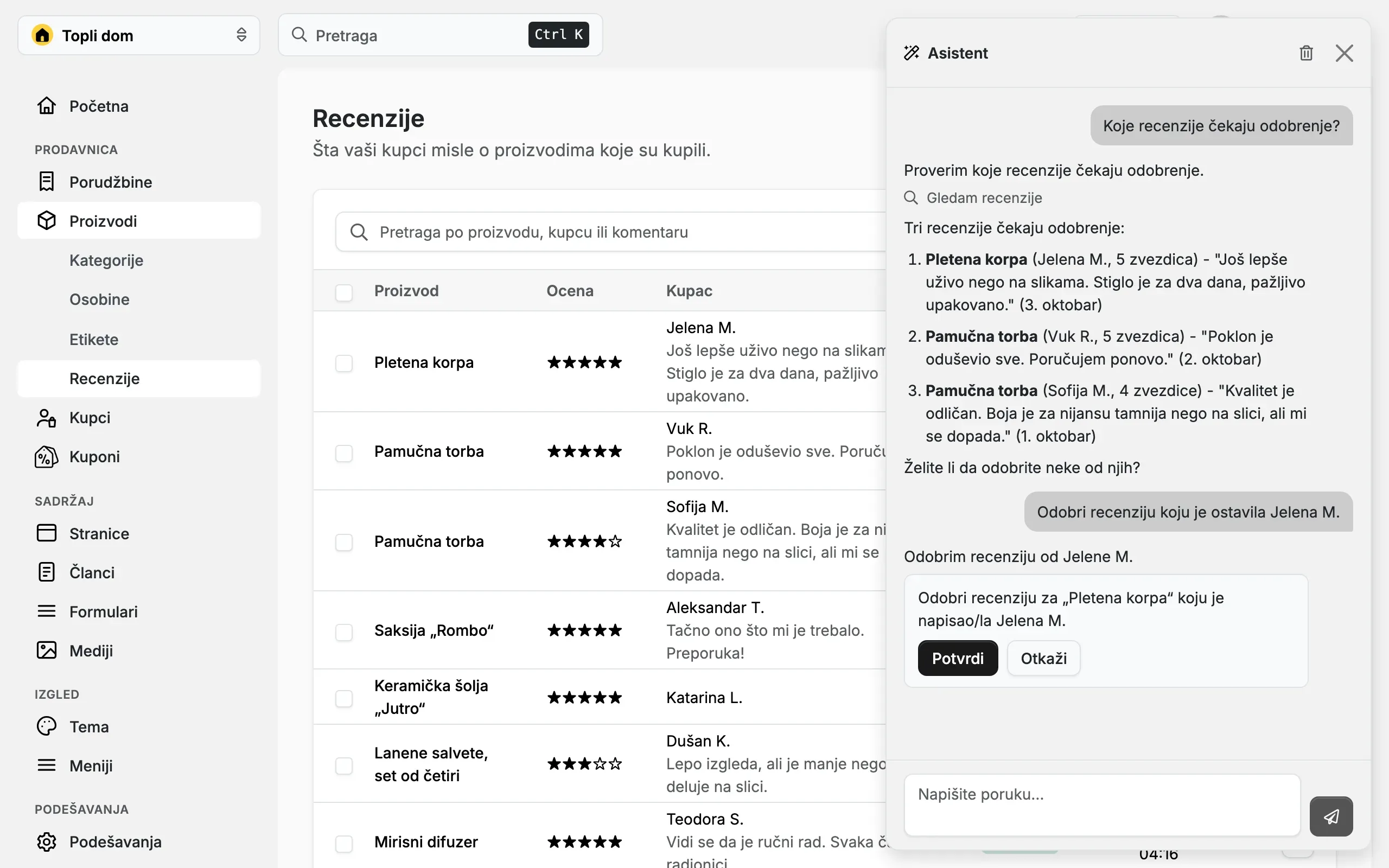 Asistent nabraja recenzije koje čekaju odobrenje i traži potvrdu pre nego što odobri jednu