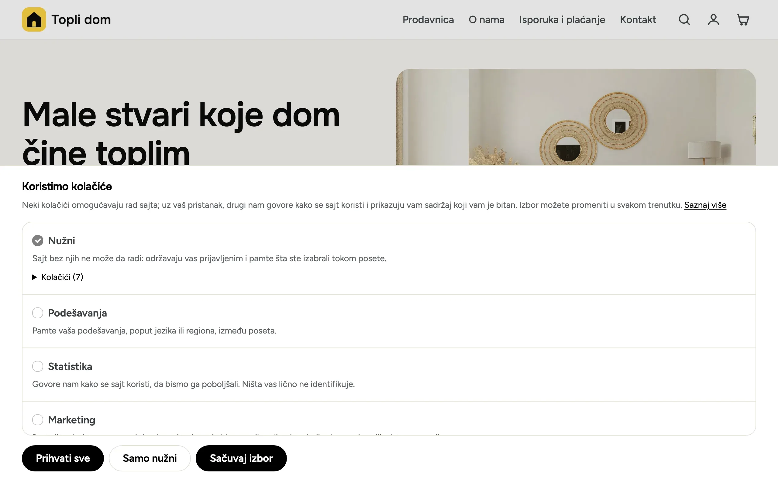 Baner za kolačiće na sajtu prodavnice, sa izborom grupu po grupu