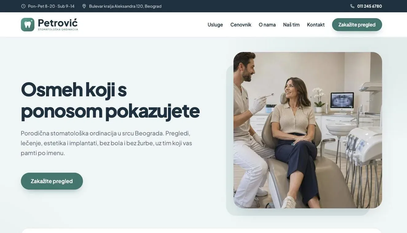 Početna stranica ordinacije u temi Dental