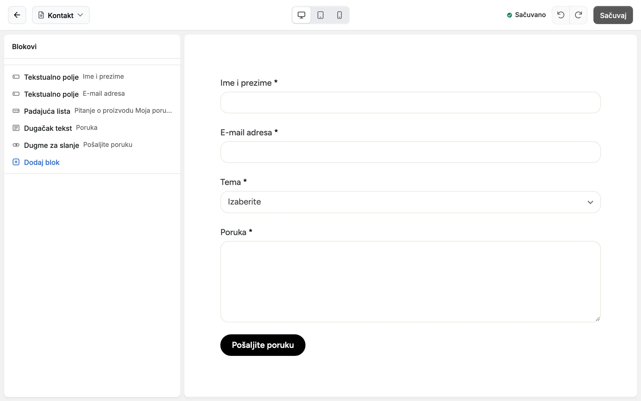 Kontakt forma u editoru: polja levo, forma desno