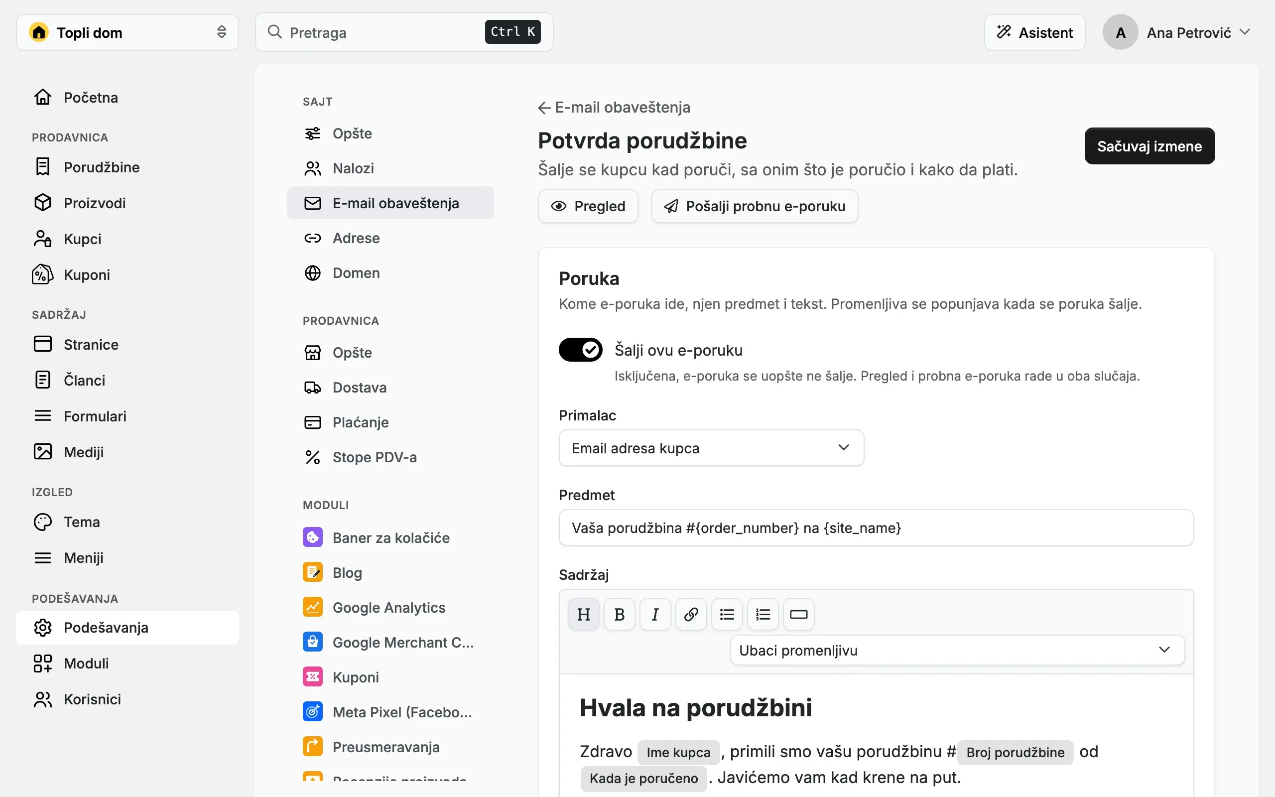 Forma e-poruke „Potvrda porudžbine“: primalac, predmet i tekst sa promenljivama