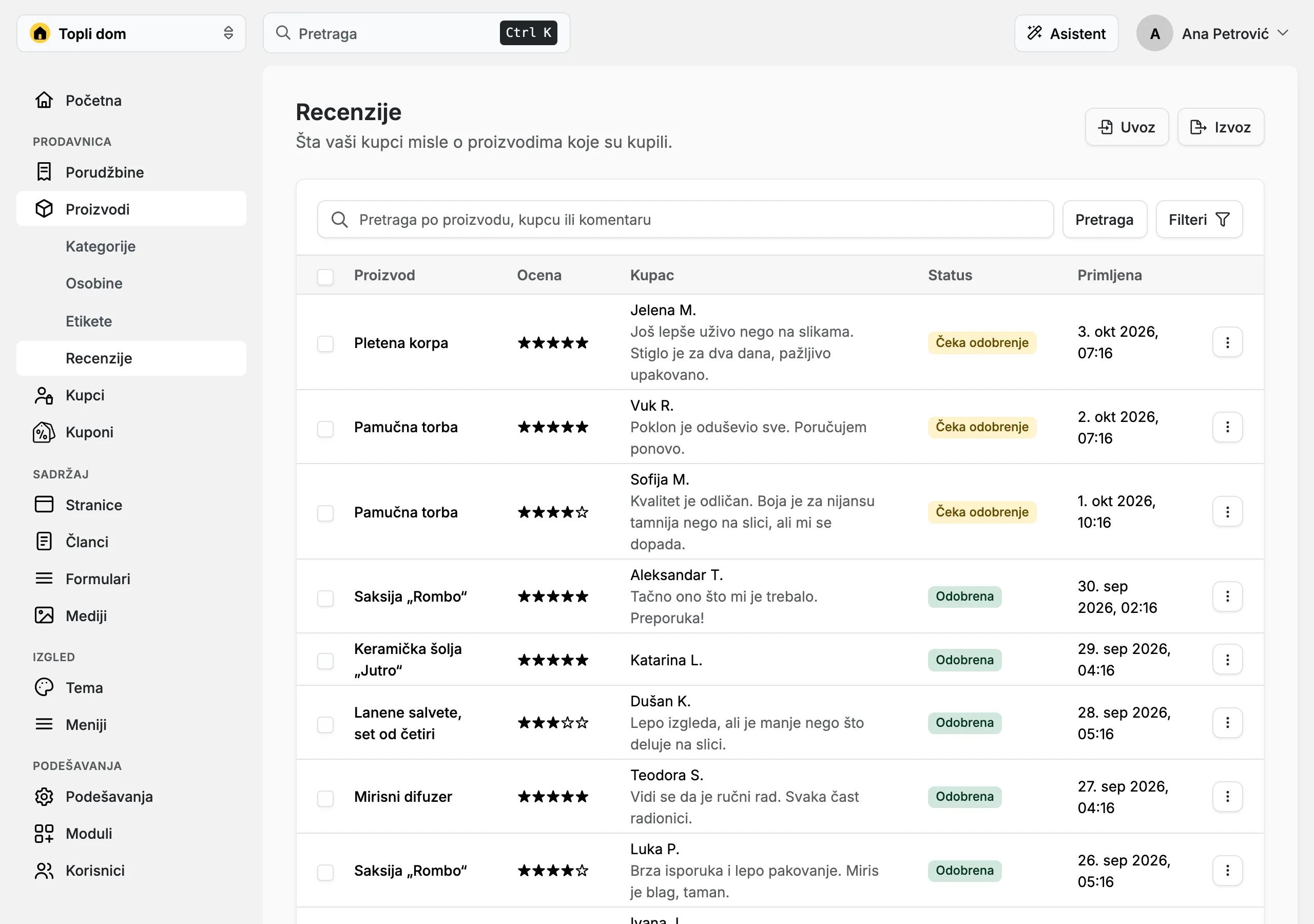 Lista recenzija u administraciji prodavnice, sa ocenama i statusom svake